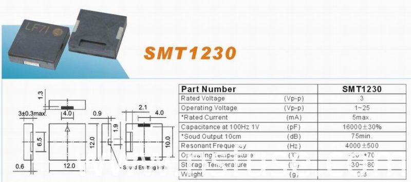 Higt Quality 1.5V 95dB 12.0*3.0mm Piezo Buzzer SMT1230 SMT1230 (FBELE)